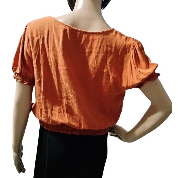 One Love Clothing Womens Orange Smocked Crop Top M Button-Down Short Sleeves - Picture 5 of 7
